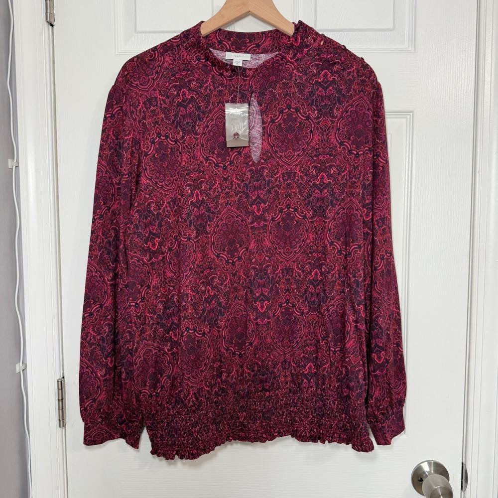 NEW J. Jill Women 3X Paisley Smocked Hem Blouse Pink Purple Keyhole Neck Top